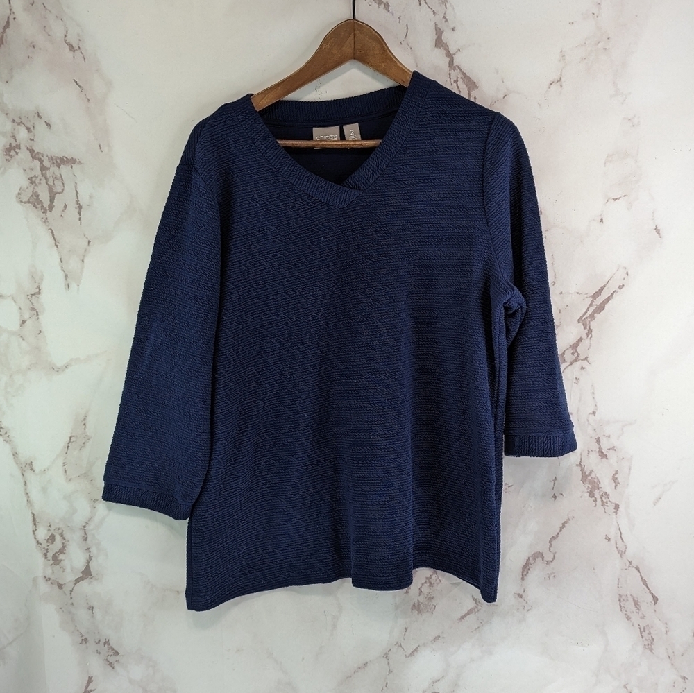 Chicos Shirt Women 2 Large Top Blue Textured Ribbed Stretch V Neck 3/4 Sleeve